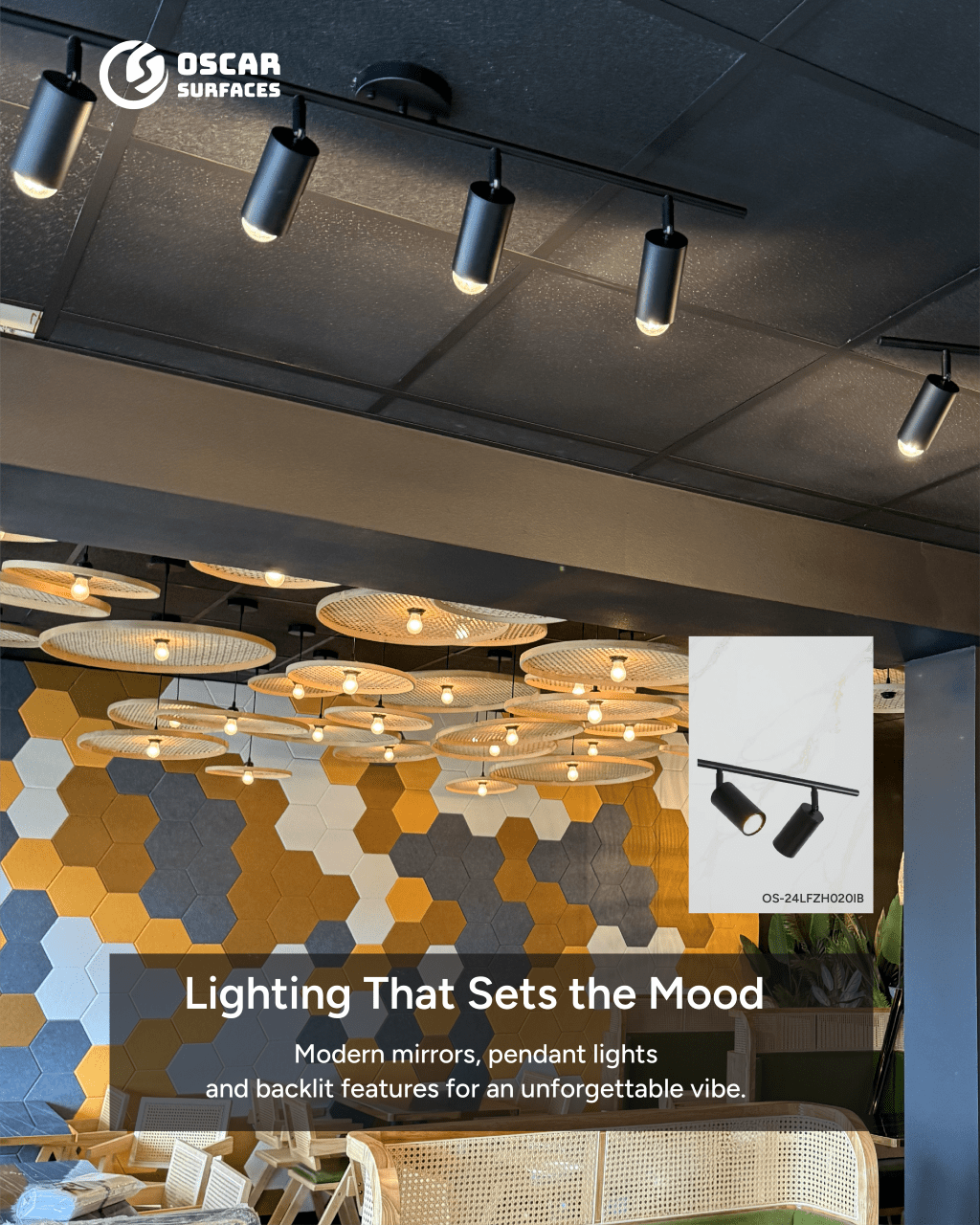 An advertisement from Oscar Surfaces for mood lighting, showcasing black track lights and large woven pendant lights inside the Basil Bistro restaurant.