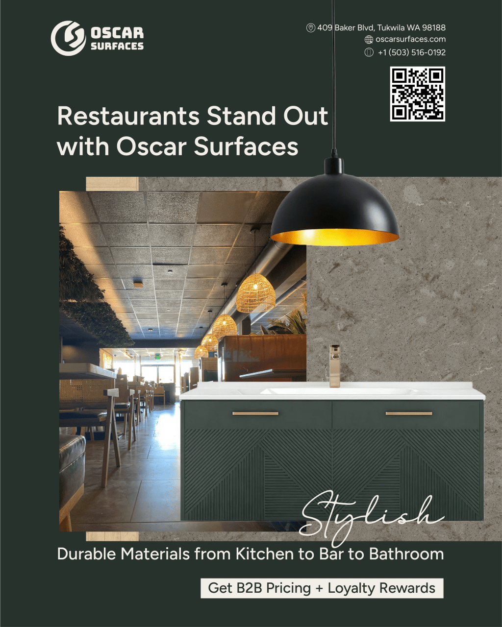 A promotional flyer for Oscar Surfaces, showing how their stylish materials can be used in restaurants, featuring a modern bathroom vanity and an image of a restaurant interior.