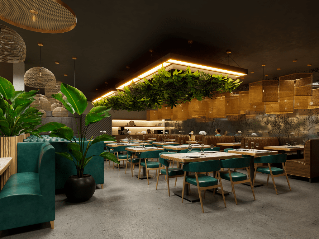 A 3D rendering of the Basil Bistro dining area, featuring teal upholstered seating, large potted plants, and a large central lighting fixture adorned with hanging greenery.