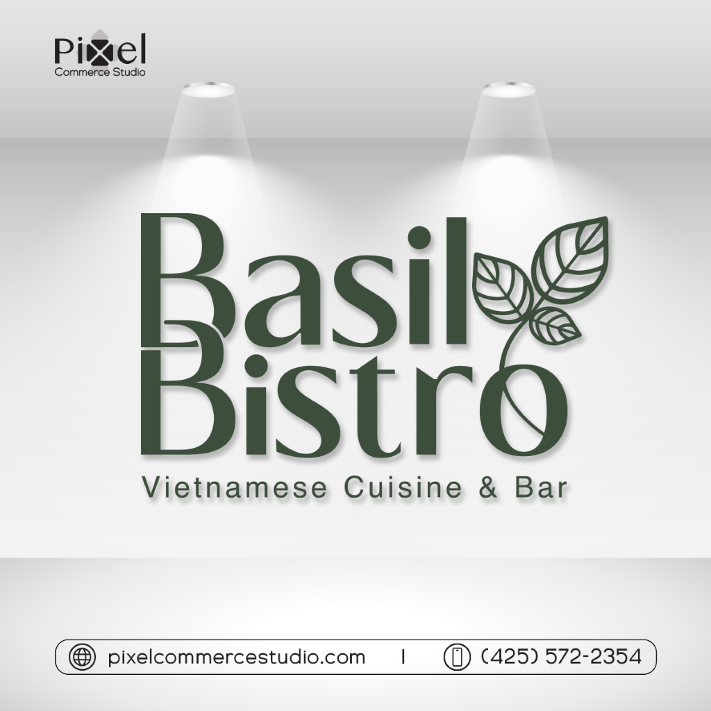 The official logo for Basil Bistro Vietnamese Cuisine & Bar, featuring dark green text with a basil leaf graphic, presented under two spotlights.