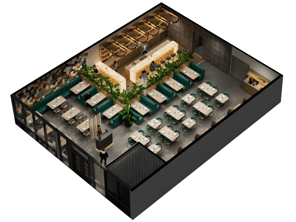 An isometric 3D rendering of the Basil Bistro floor plan, showing the complete layout of the bar, dining tables, and green booth seating.