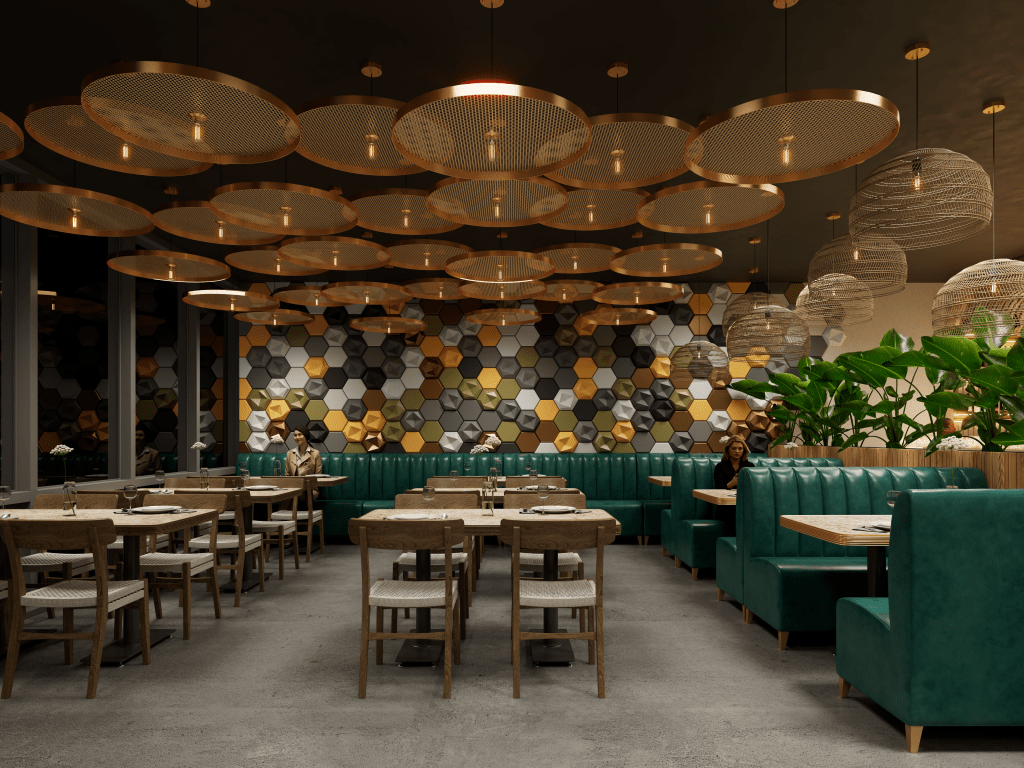 An advertisement from Oscar Surfaces for "Eye-Catching Tiles & Finishes," featuring the illuminated bar at Basil Bistro and an inset image of a decorative tile sample.