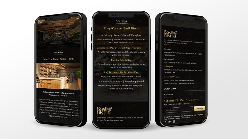  A screenshot of the Basil Bistro website's footer, displaying information about careers, restaurant locations, and business hours.