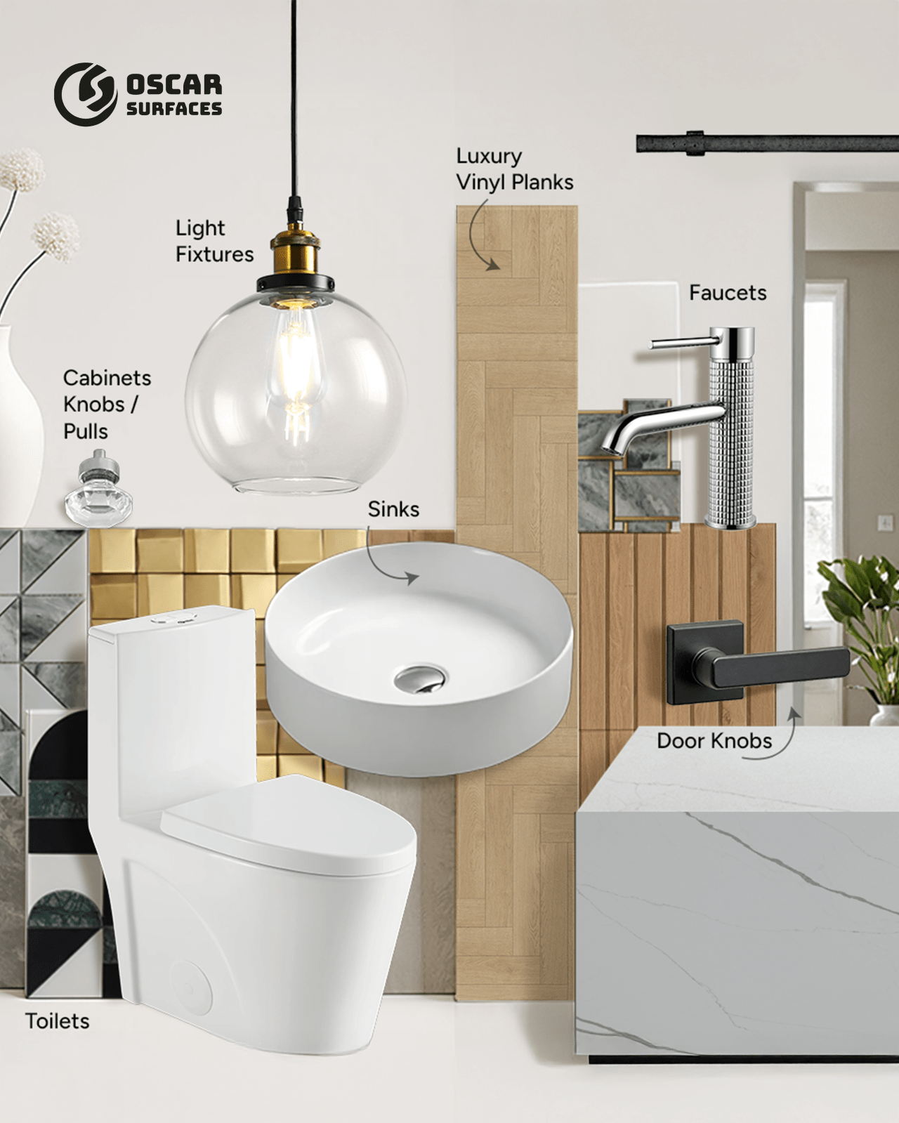 A product collage from Oscar Surfaces showcasing various bathroom fixtures including a toilet, vessel sink, light fixture, faucet, door knob, and luxury vinyl planks, with each item labeled.