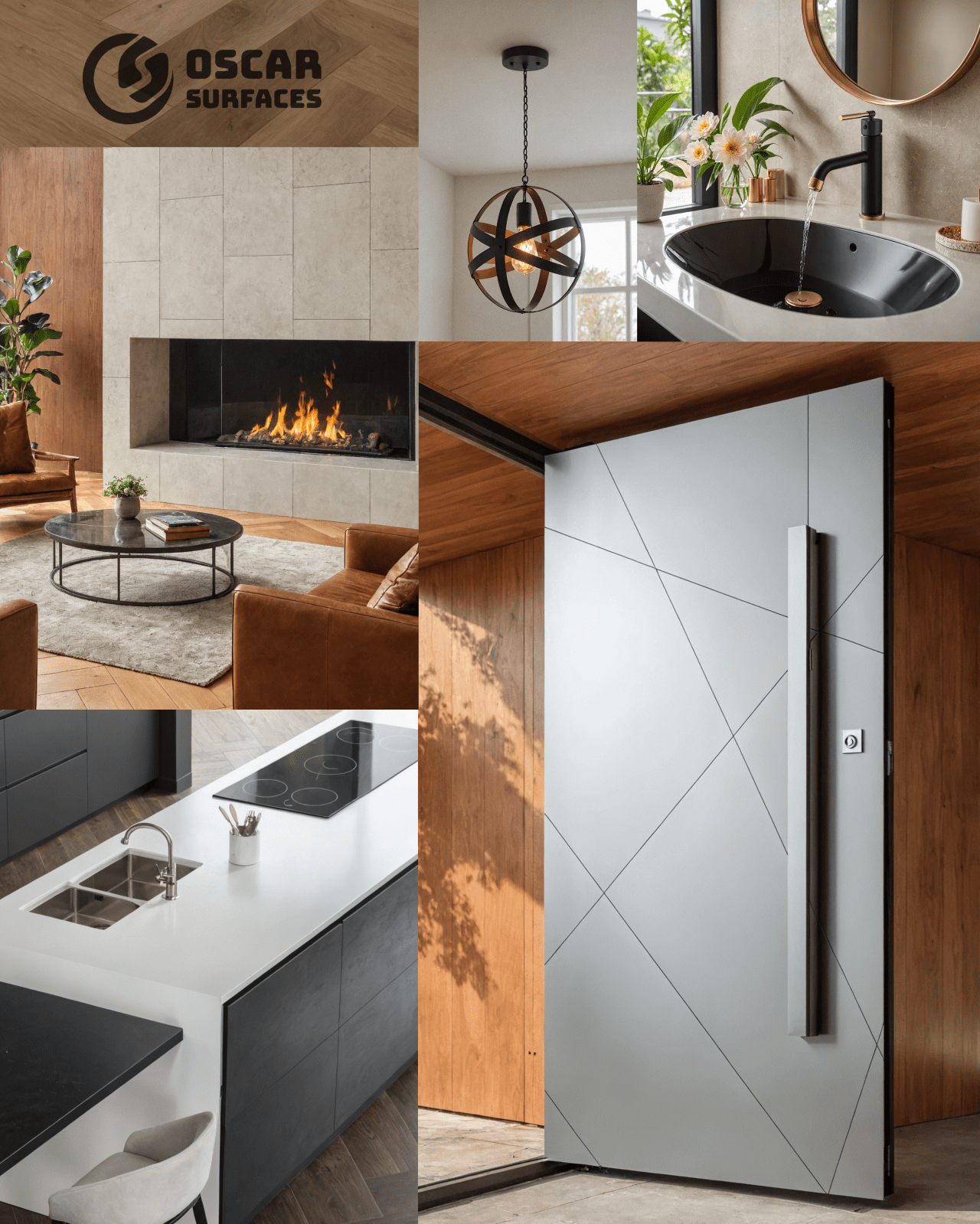 An inspirational mood board from Oscar Surfaces displaying modern interior design, featuring a living room with a fireplace, a sleek front door, a bathroom with a black sink, and a kitchen island.