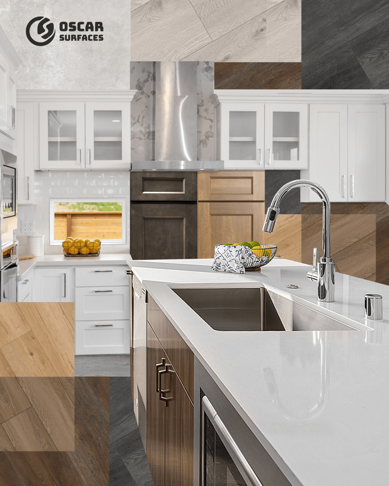 A kitchen design collage from Oscar Surfaces featuring a white kitchen with a large island, overlaid with various samples of wood flooring and cabinet finishes.