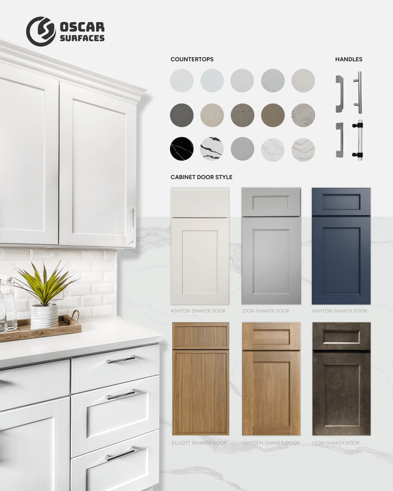 A product guide from Oscar Surfaces showing options for white shaker kitchen cabinets, along with a palette of various countertop colors, cabinet door styles, and handle options.