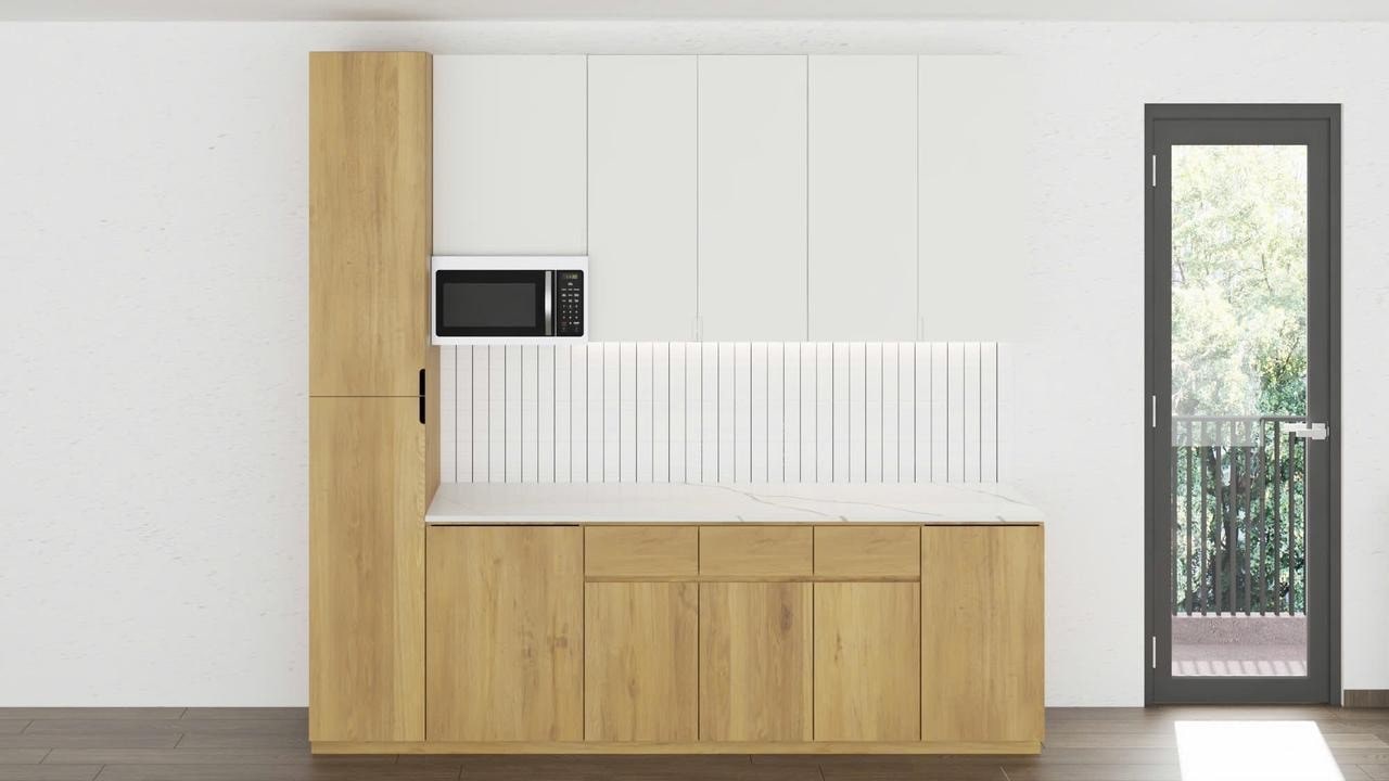 A 3D render of a modern office kitchenette with light wood lower cabinets, white upper cabinets, and a tall pantry against a white wall.