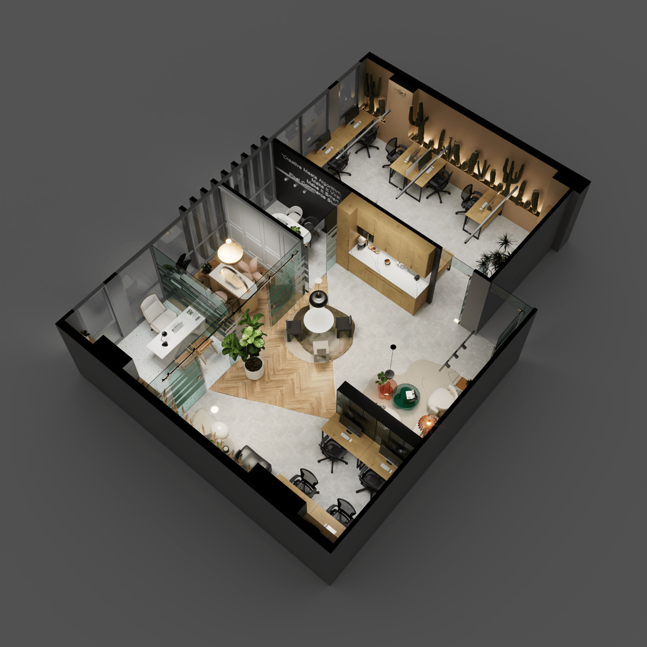 An isometric 3D render of a modern office floor plan, showing distinct work areas, private offices, and a central lounge separated by glass walls.
