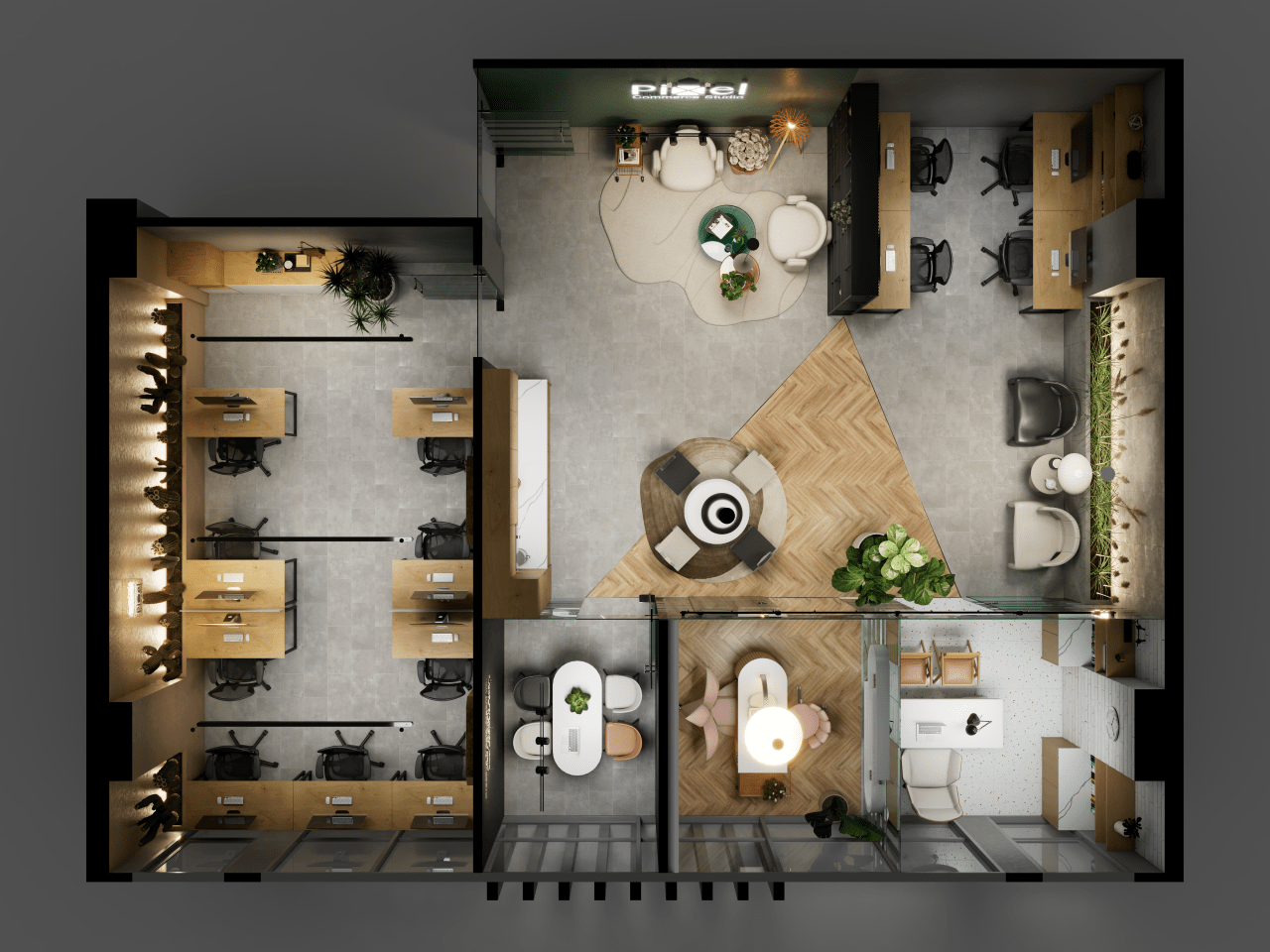 A top-down 3D render of an office layout, detailing the arrangement of furniture, workstations, and distinct flooring zones.