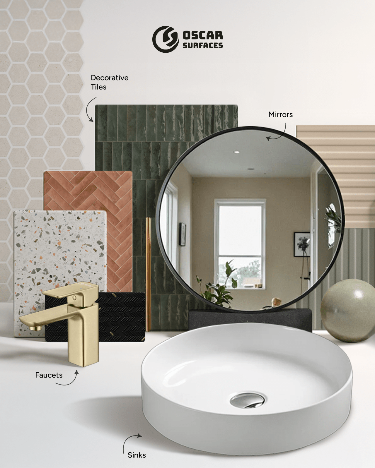 A product display from Oscar Surfaces showing decorative tiles, a round mirror, a white vessel sink, and a gold faucet for bathroom design.