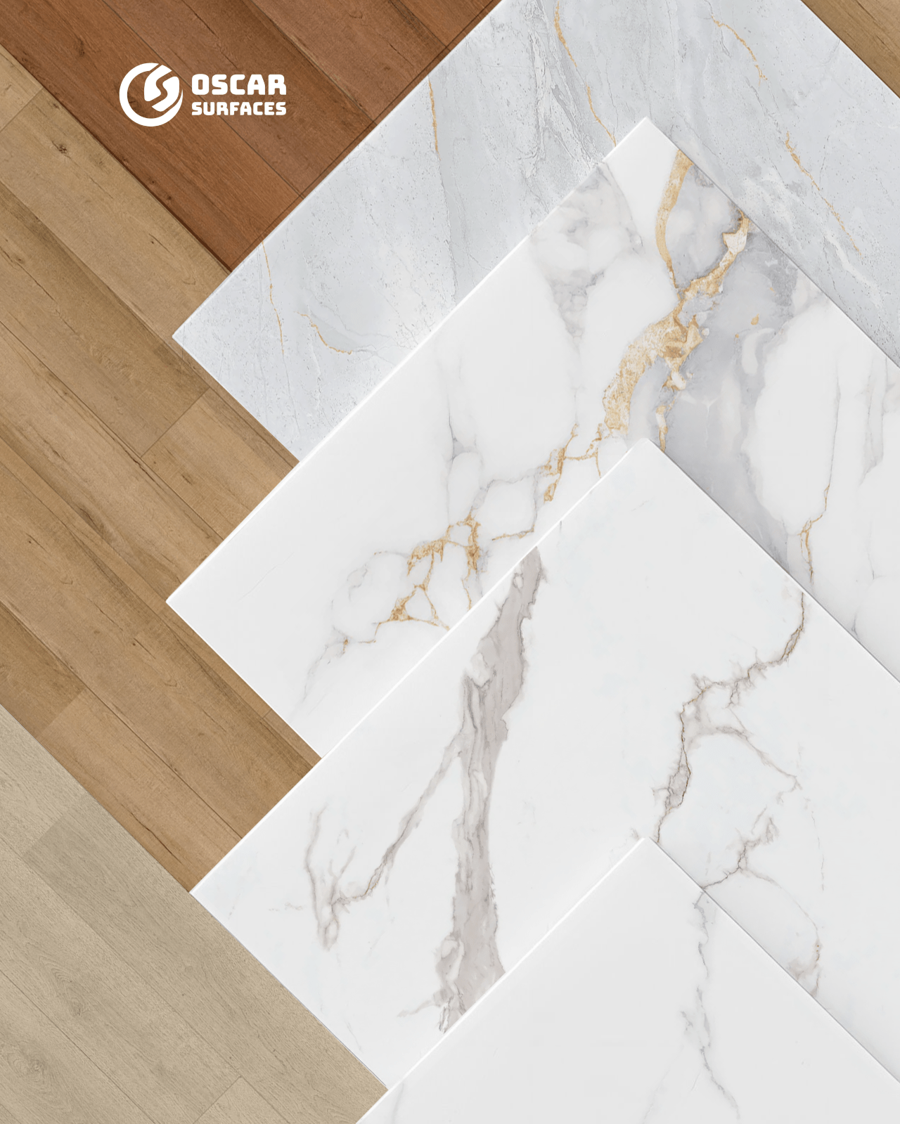 A fanned-out selection of surface samples from Oscar Surfaces, including various wood grains and marble-patterned tiles.