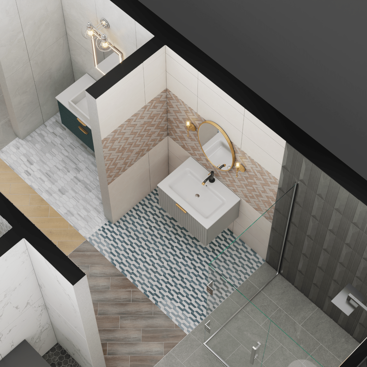 Overhead view of bathroom vignettes showcasing various tile patterns, vanities, and fixtures in a showroom setting.