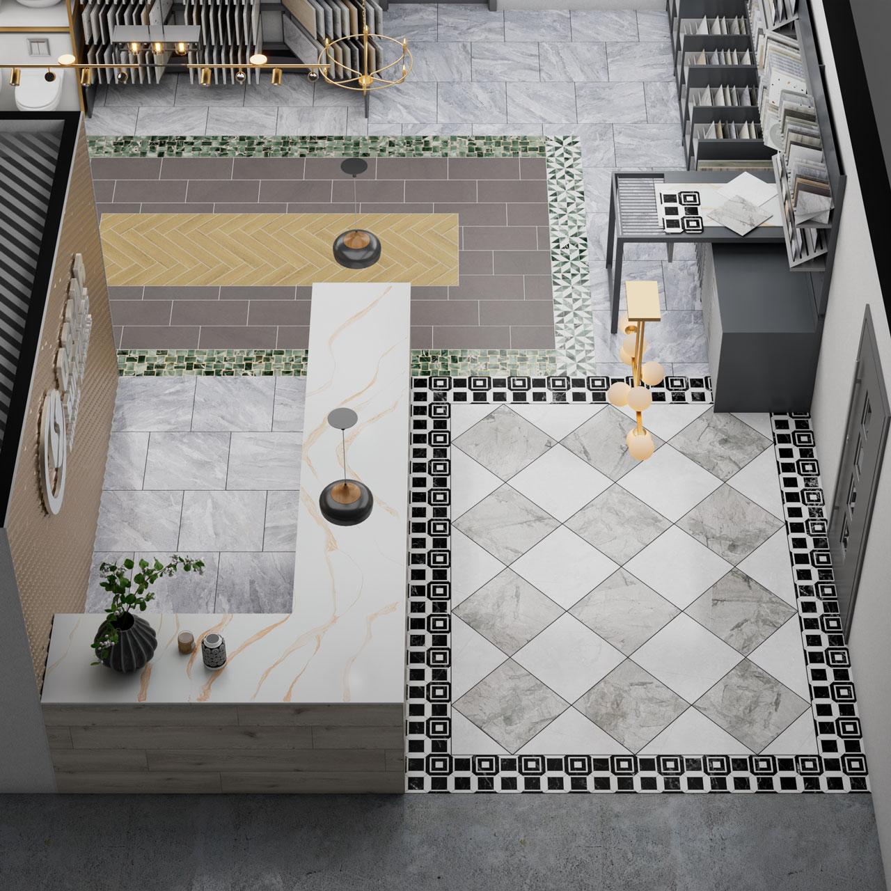 op-down rendering of the showroom's entrance, showcasing a white marble reception desk and intricate floor tile designs, including a geometric border and herringbone patterns.