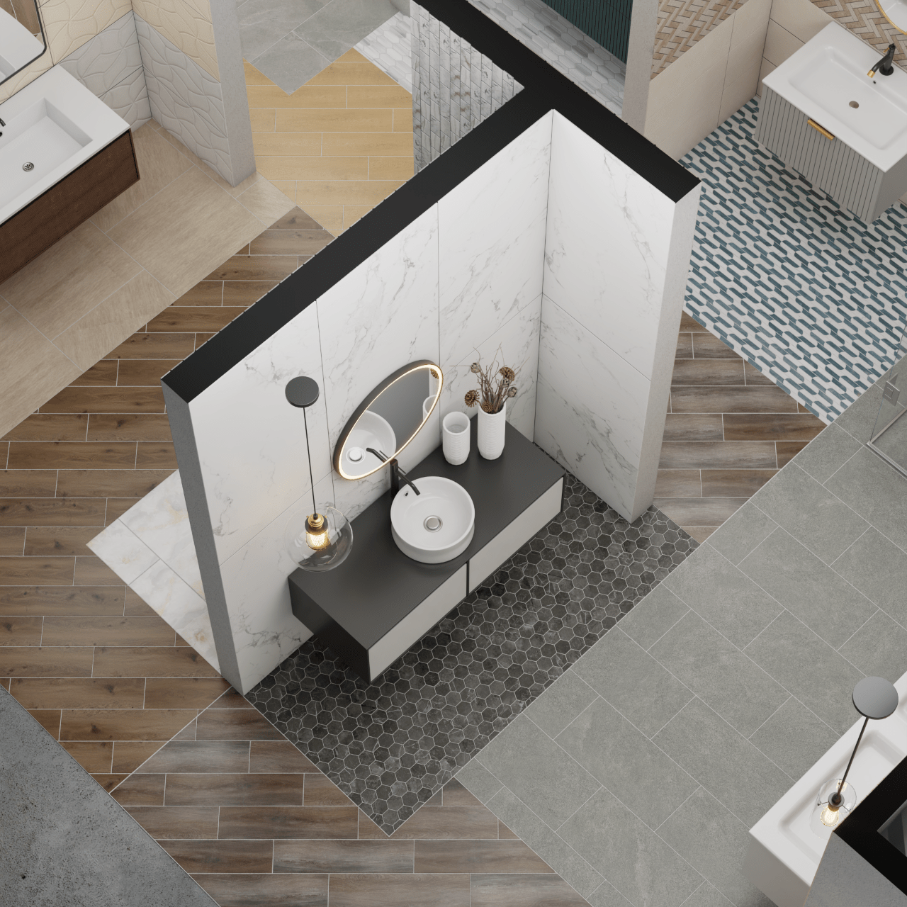 Angled top-down view of a modern bathroom display with a grey vanity, vessel sink, and surrounding floor tiles in multiple styles.
