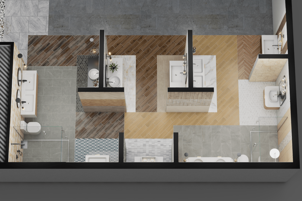 Top-down floor plan of multiple bathroom layouts, displaying different configurations for showers, toilets, and vanities with various tile choices.