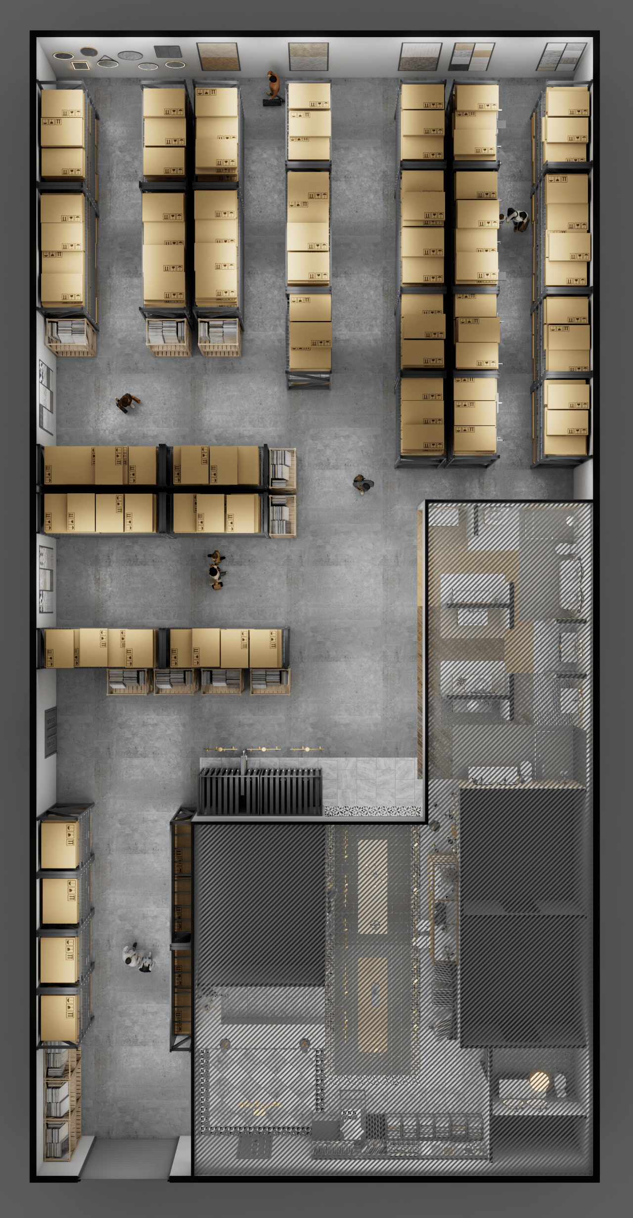 Top-down architectural rendering of the complete Oscar Surfaces floor plan, showing the showroom in the front and the warehouse in the back. 