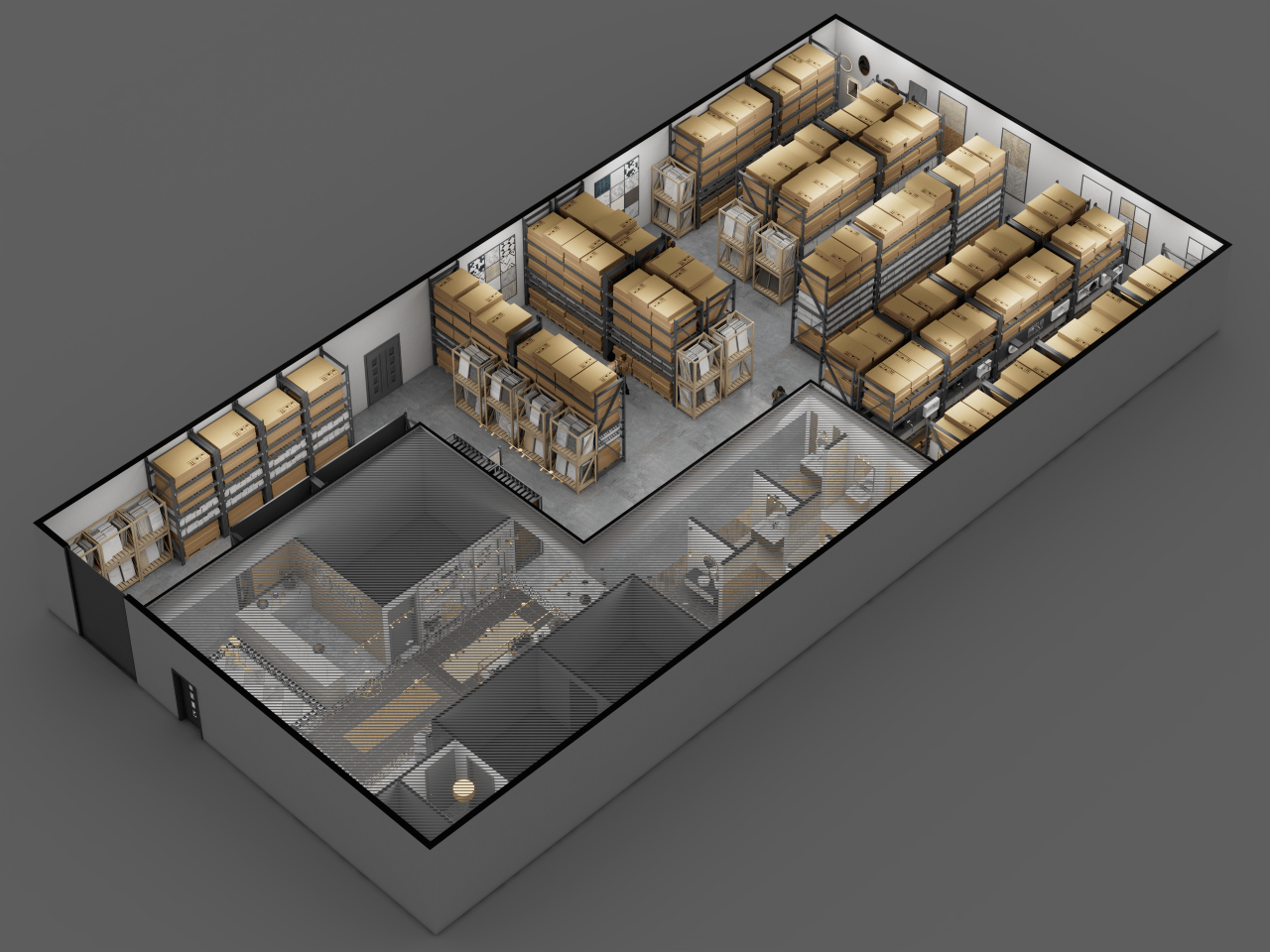3D isometric view of the showroom and warehouse layout, highlighting the high-shelving storage area behind the retail space.
