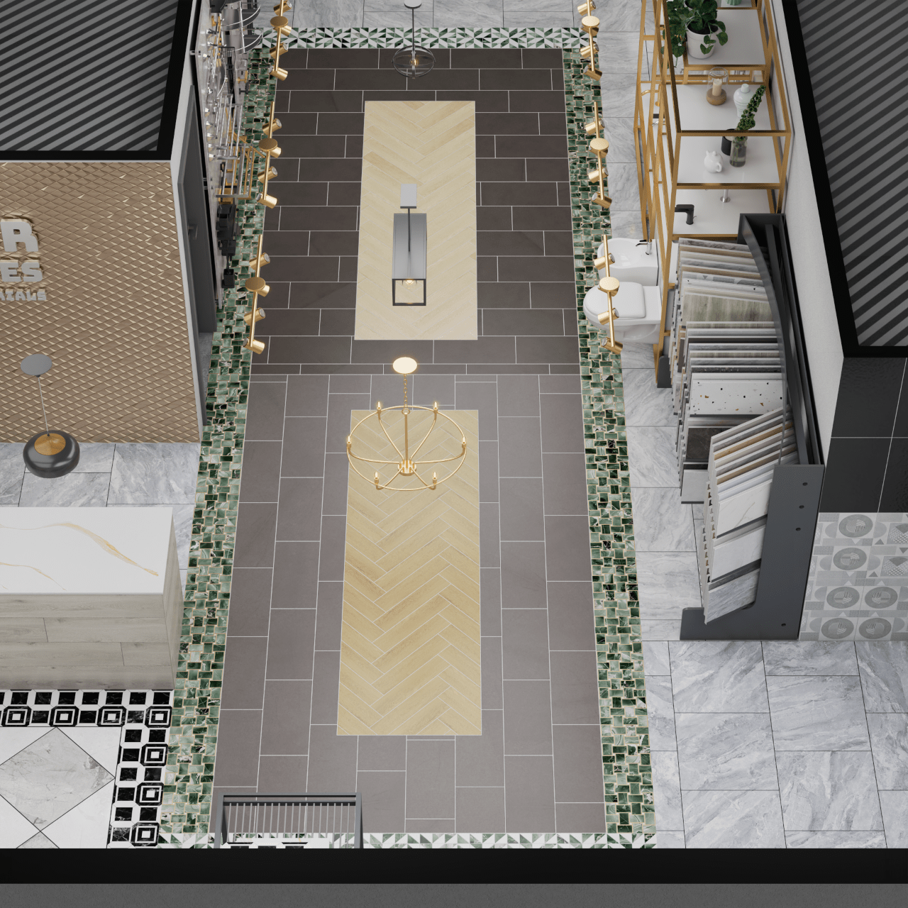 Top-down view of a showroom aisle featuring a mix of grey, wood-look, and decorative mosaic floor tiles.