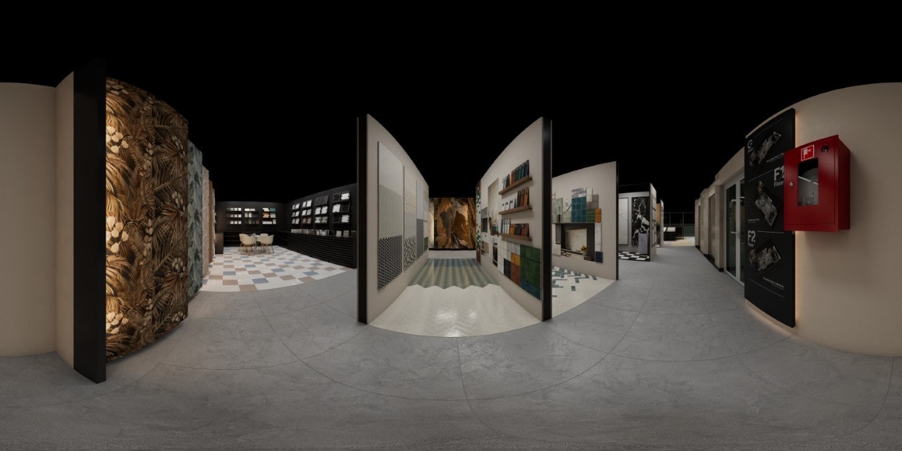 A 360-degree panoramic view of a tile showroom, showcasing various displays and a central walkway.