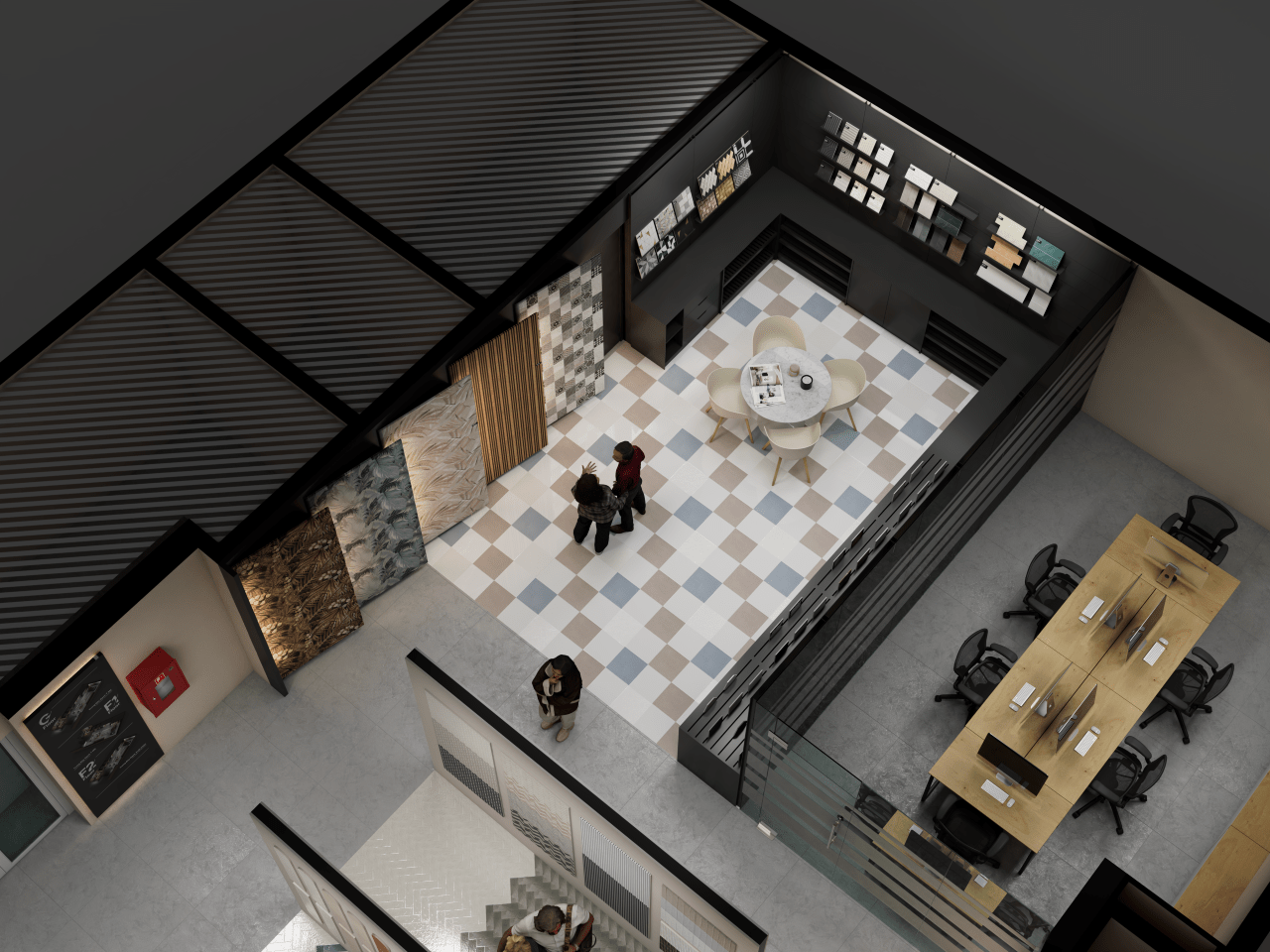 An overhead 3D view focusing on the consultation and office area of the tile showroom.