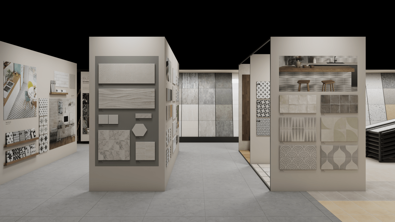 A walkway in a tile showroom lined with display walls featuring a variety of modern tile styles and textures.