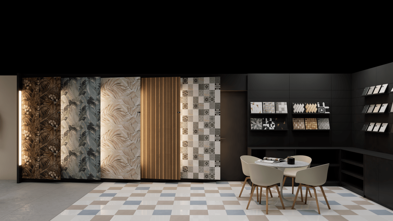 A consultation area in a tile showroom featuring large sliding display panels and a seating area with a checkered floor.