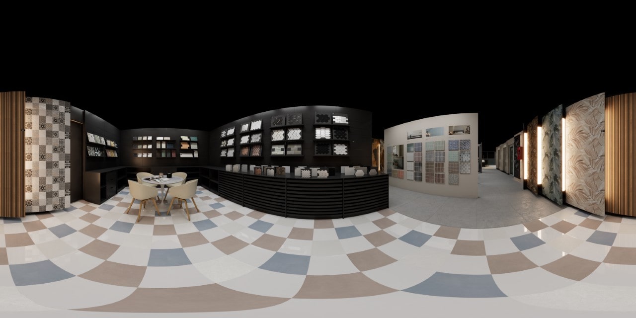 A 360-degree panoramic view of a consultation area in a tile showroom with a checkered floor and a curved sample wall.