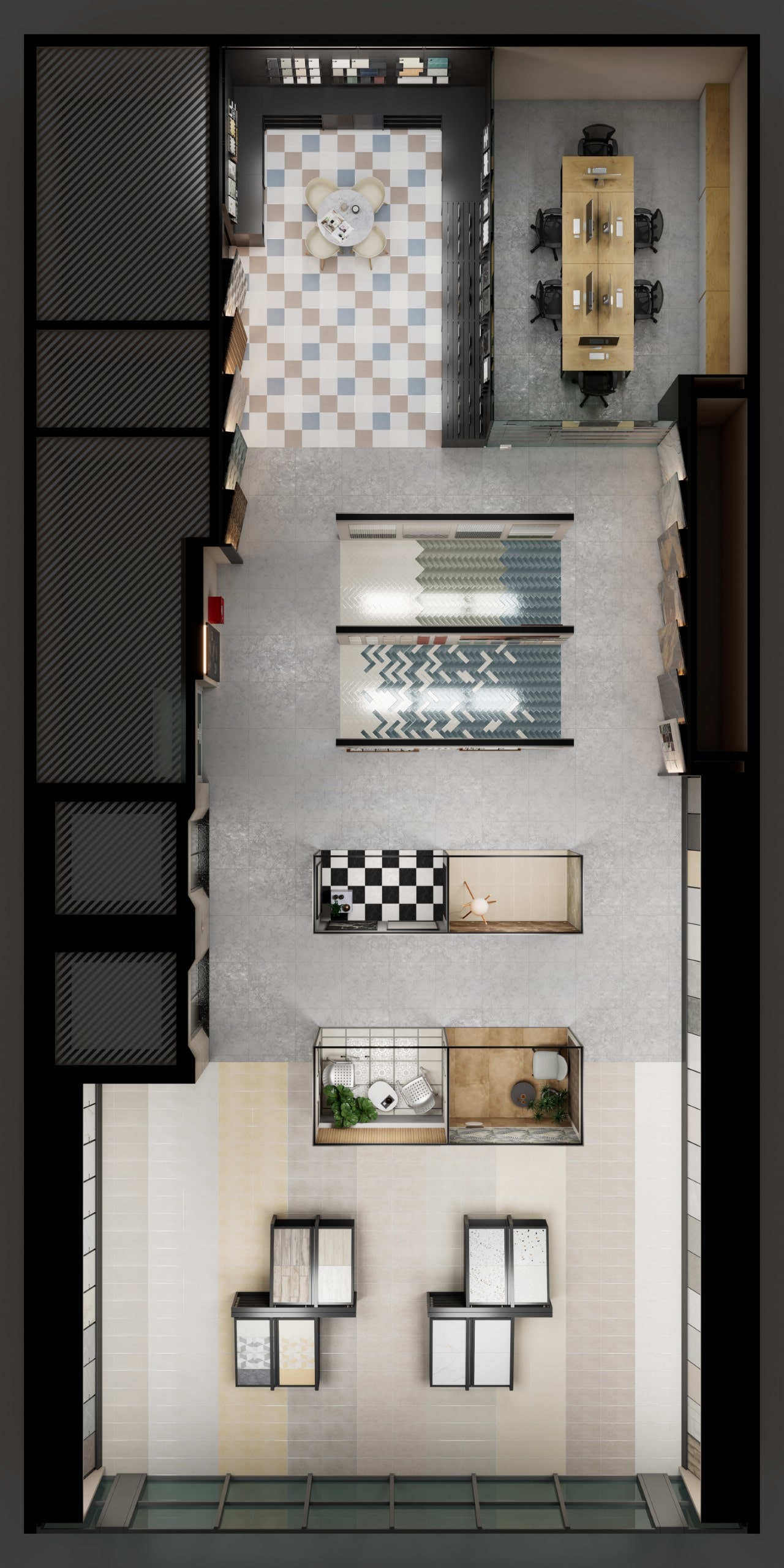 A top-down 2D floor plan rendering of the entire tile showroom layout.