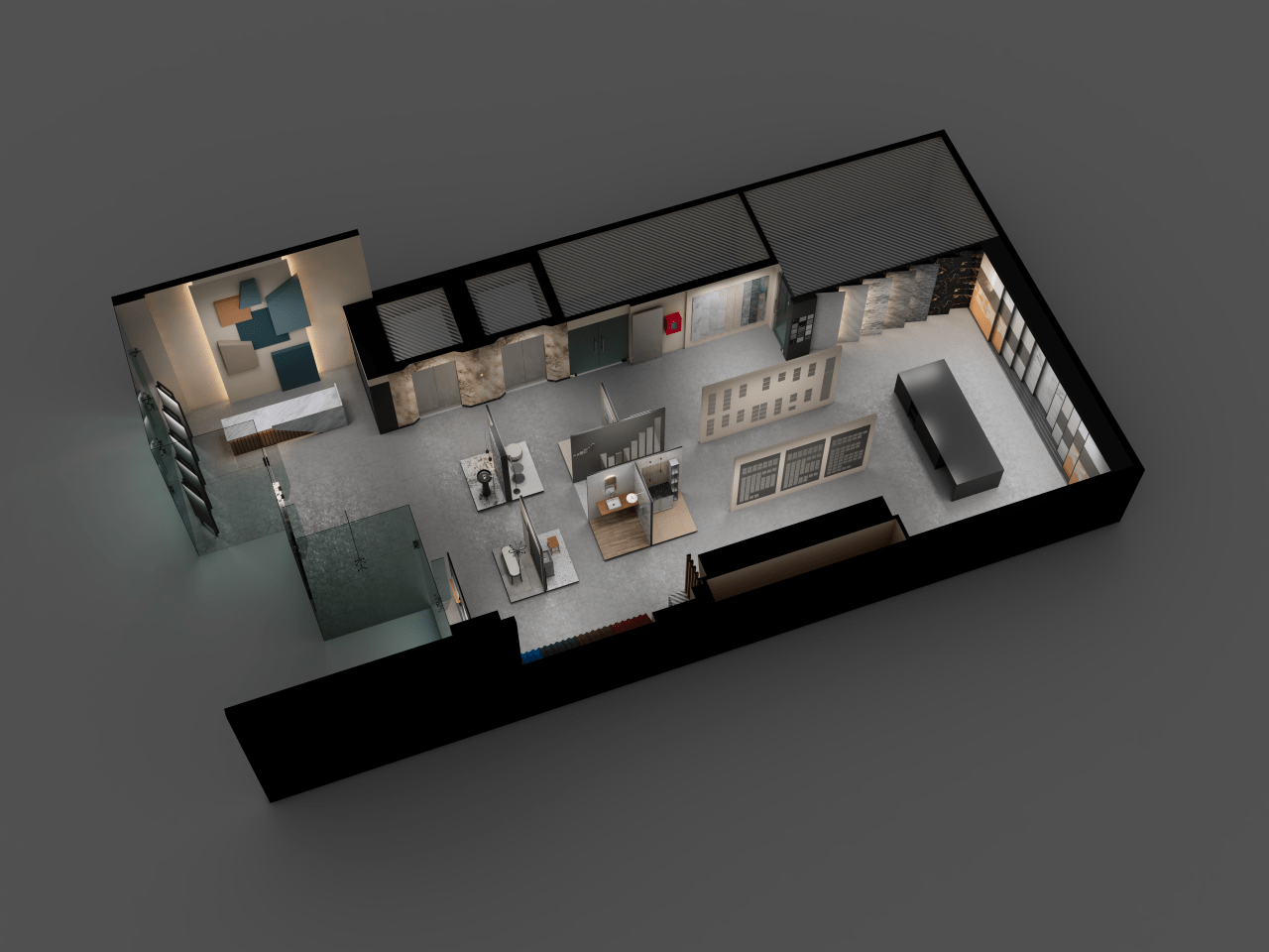 An angled 3D overview of the tile showroom layout with dramatic, focused lighting.