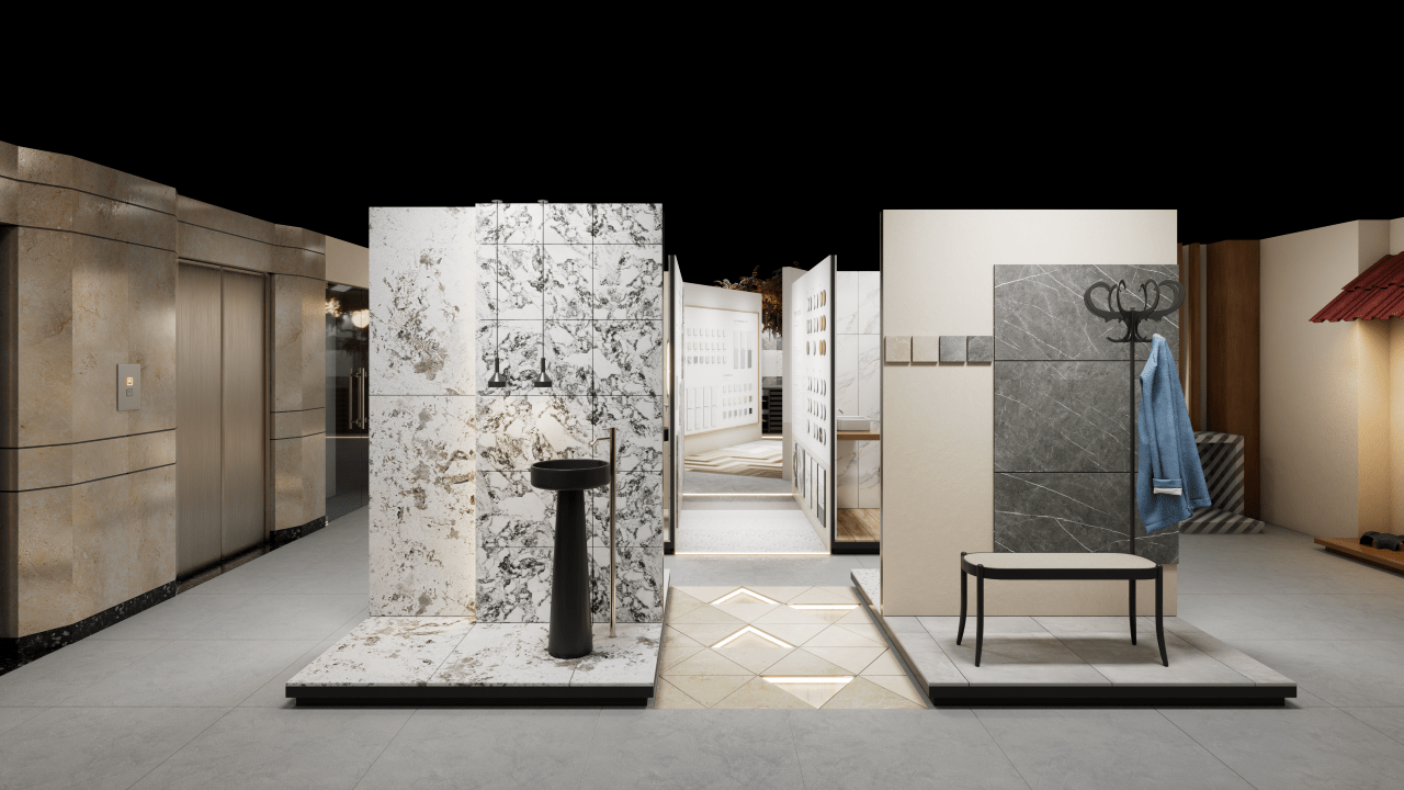 A ground-level view of display vignettes in the showroom, including a marble-tiled wall and an entryway concept.