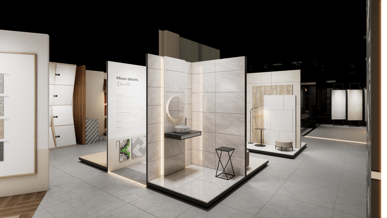 A close-up of a modern bathroom vignette featuring light grey marble-style tiles and a minimalist sink.