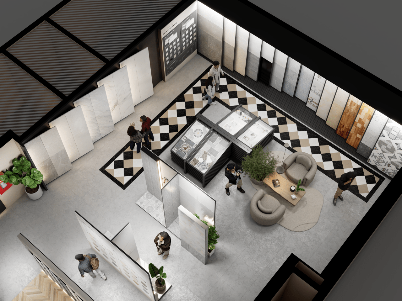 An overhead 3D view of customers browsing tile displays in a brightly lit showroom.