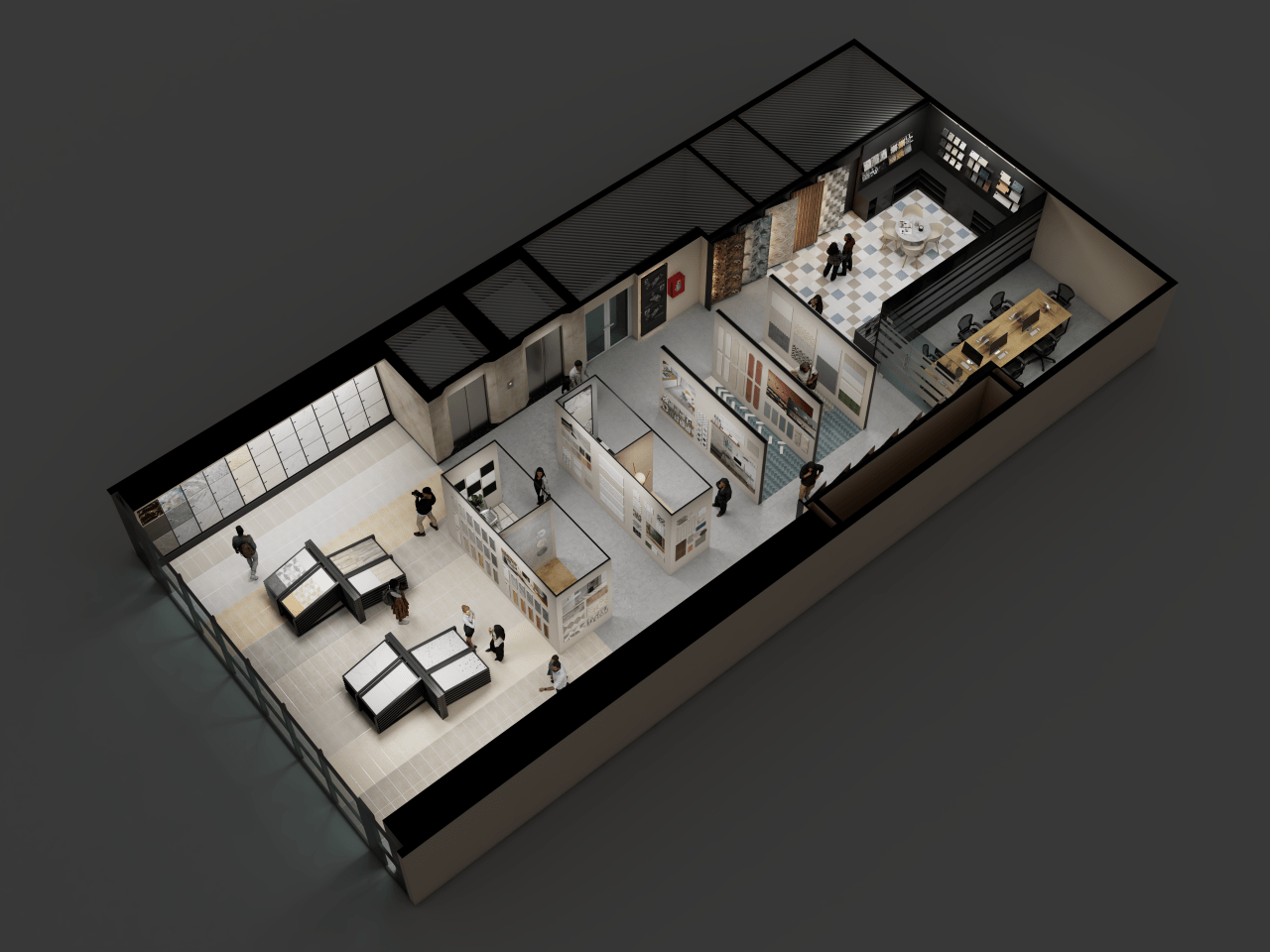 An overhead 3D view focusing on the consultation and office area of the tile showroom.