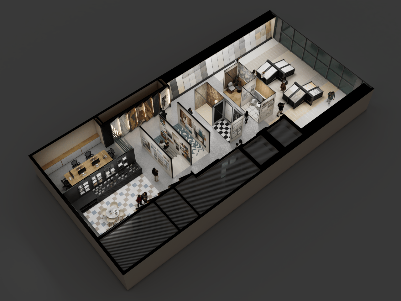 An alternate 3D axonometric view of the tile showroom layout, seen from the office end.