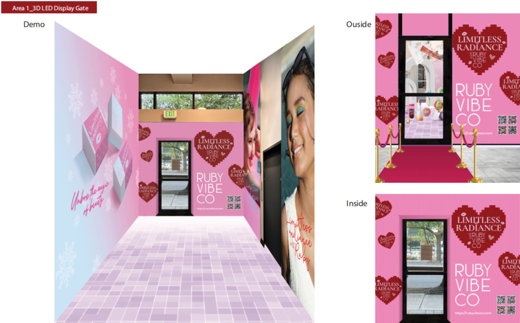 3D rendering of the 'Limitless Radiance' event entrance for Ruby Vibe Co, featuring pink walls with logos, a QR code, and views from both inside and outside the doorway. 