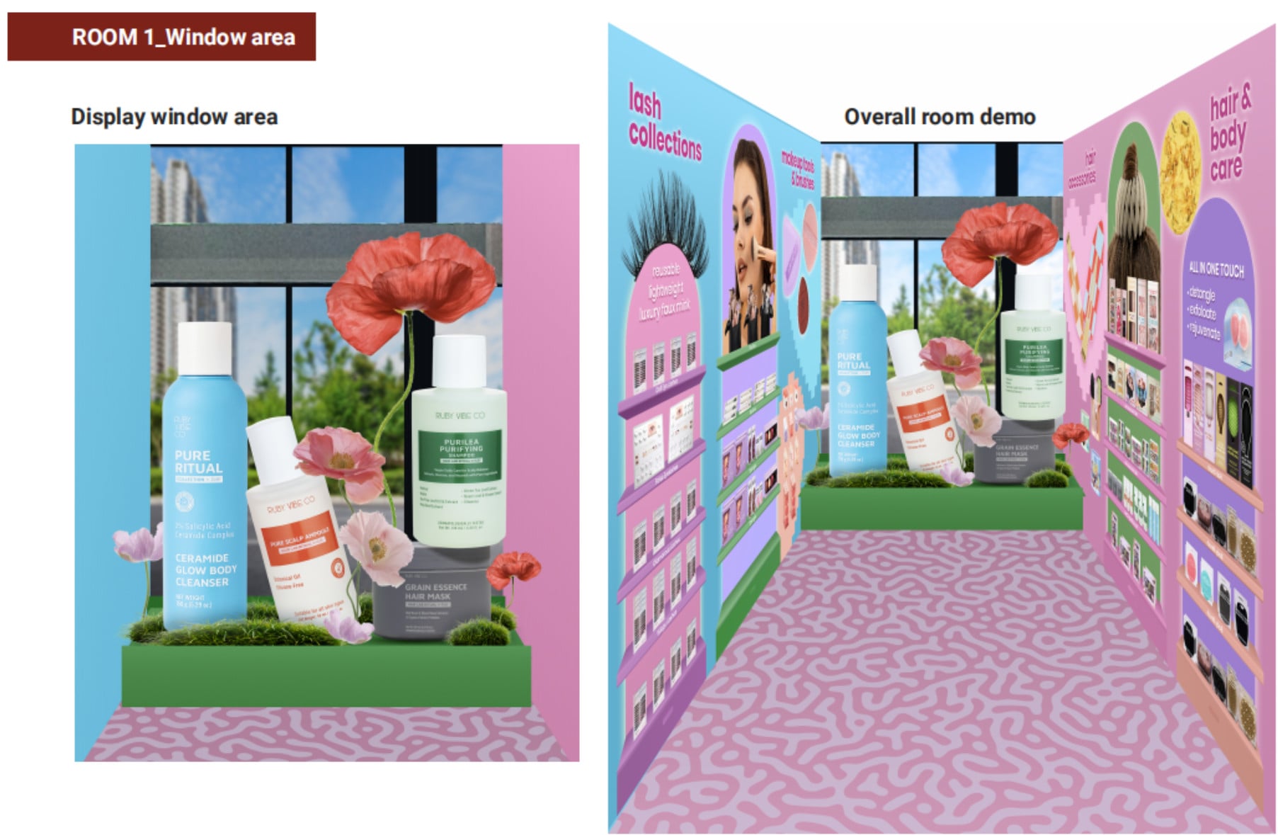  Design mockups for a beauty pop-up event, showing a window display with skincare products and an overall room view with lash, hair, and body care collections.