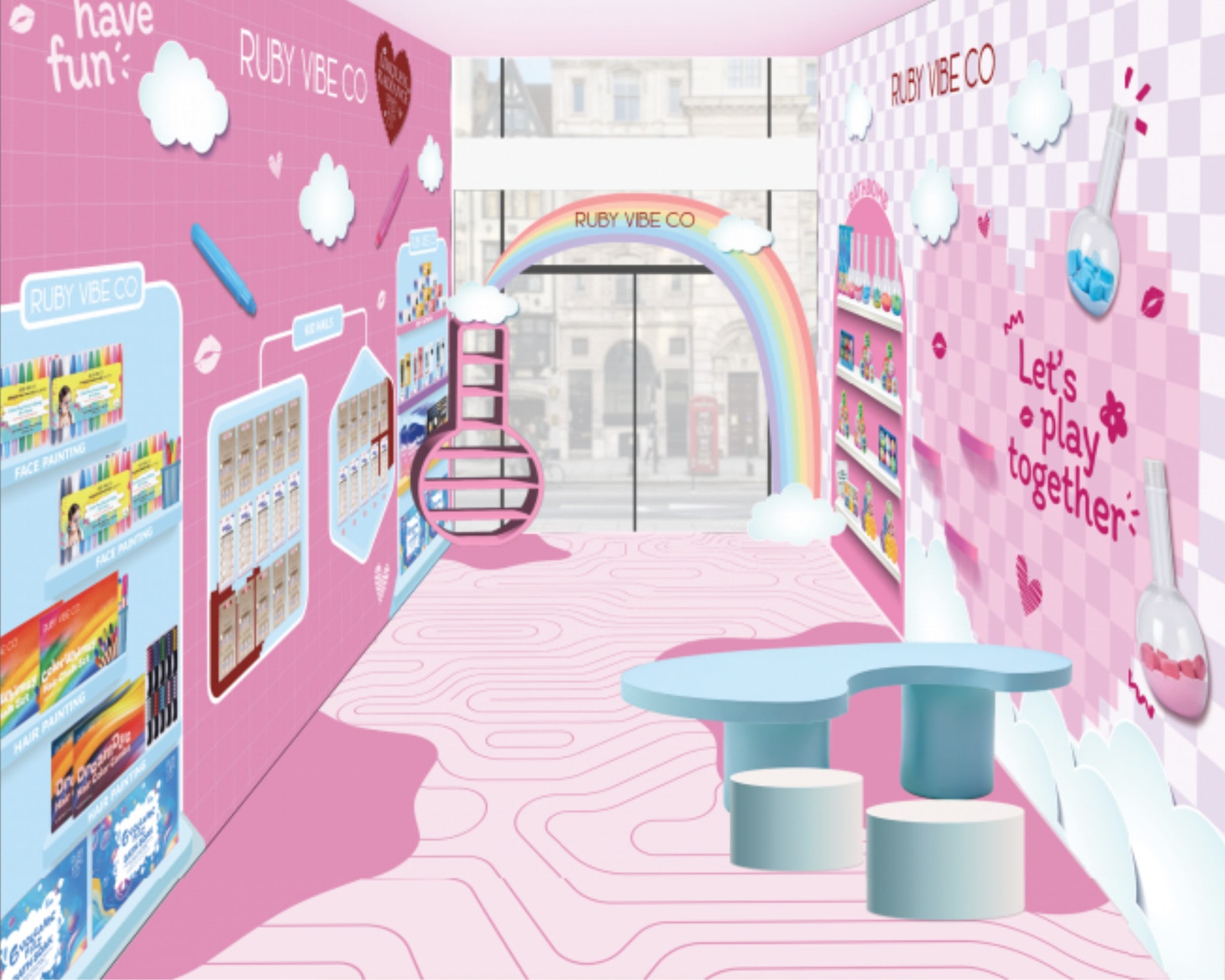 A brightly lit, pink-themed room for a Ruby Vibe Co event, designed for play with face and hair painting stations, a rainbow arch, and the words 'Let's play together' on the wall.