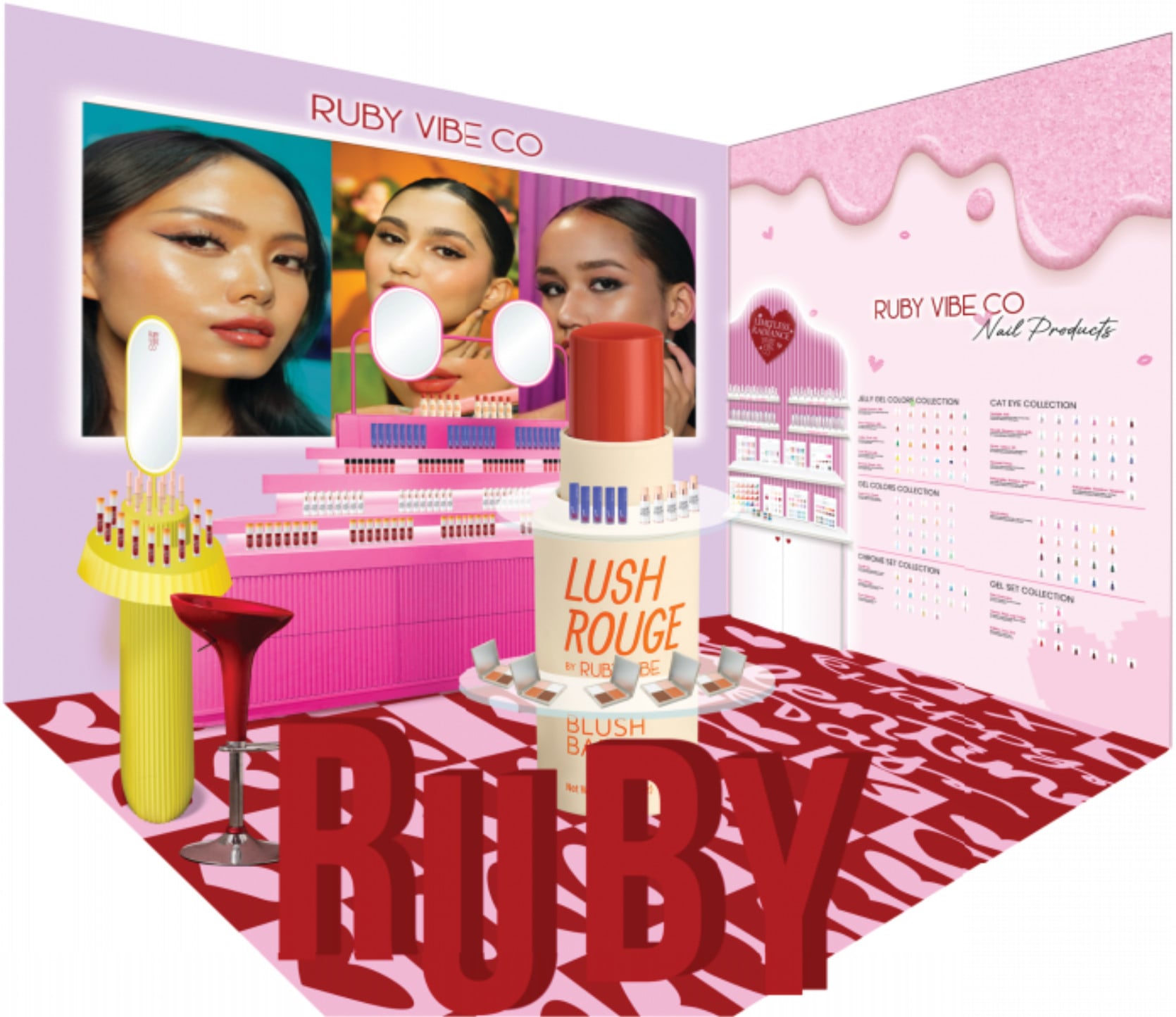 A 3D concept design for a Ruby Vibe Co makeup booth, featuring a large 'Lush Rouge' blush display, makeup stations, and a wall of nail products, with a large red 'Ruby' logo on the floor. 