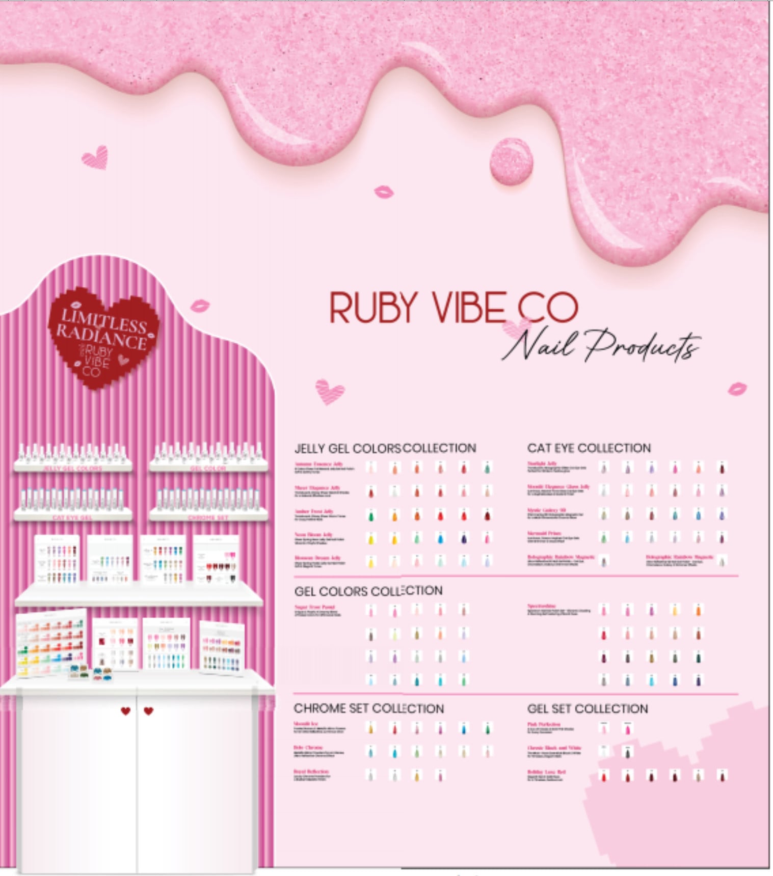  A product catalog graphic for Ruby Vibe Co Nail Products, showcasing various polish collections including Jelly Gel, Cat Eye, and Chrome sets against a pink, dripping background.