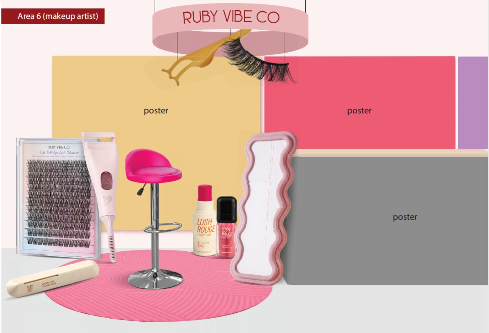 A design mockup for a makeup artist station at a Ruby Vibe Co event, showing a pink stool, a wavy mirror, false eyelashes, and other beauty tools.