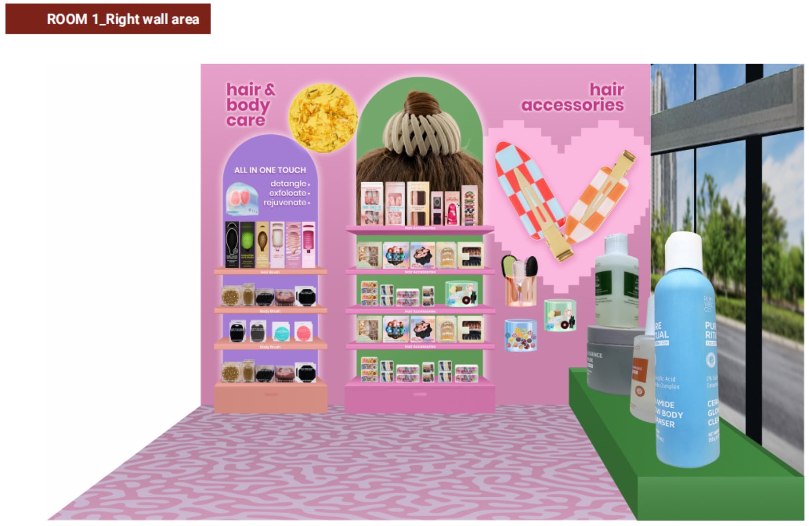 A 3D rendering of a retail wall display for a pop-up shop, featuring sections for 'hair & body care' and 'hair accessories' on pink shelving units.