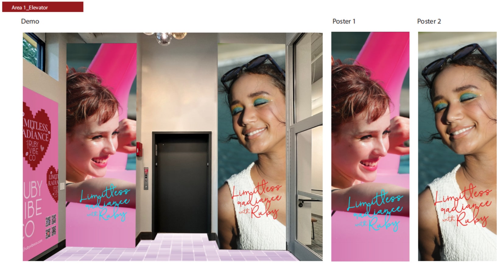 A mockup of an elevator area decorated for a pop-up event, with large, vibrant pink posters featuring a smiling woman and the text 'Limitless radiance with Ruby.